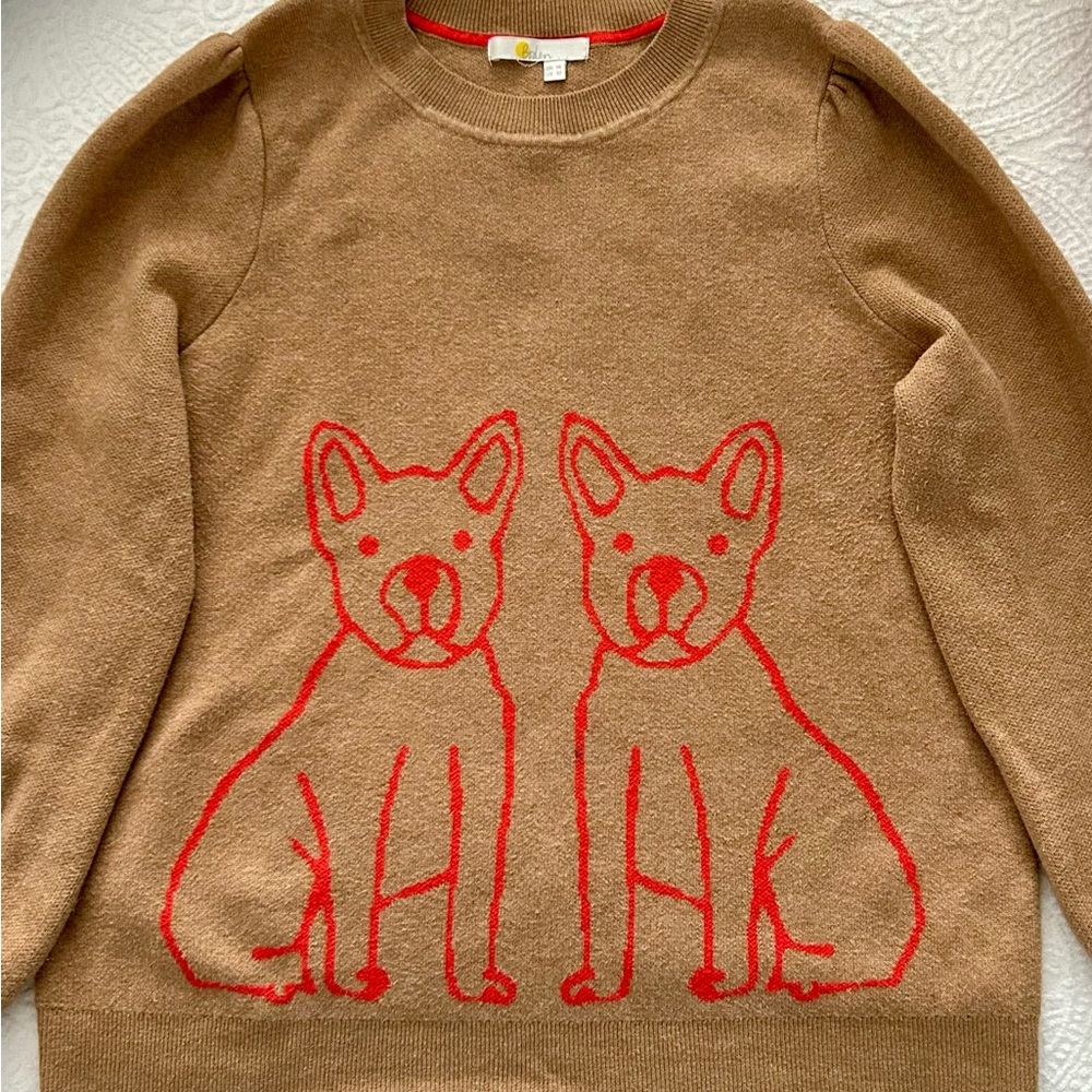 Cute Preppy Boden Camel Sweater with Red French Bulldog Motif
